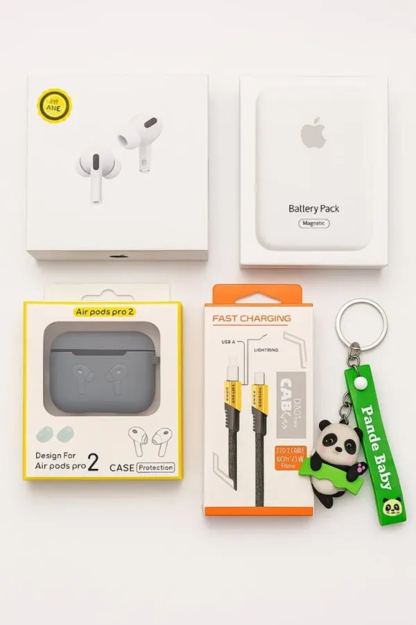 5-In-1 Ultimate Tech Combo Pack – Air Pro 2, 4-In-1 Fast Charging Cable, MagSafe Power Bank, Protective Silicone Case For Air, And Stylish Keychain